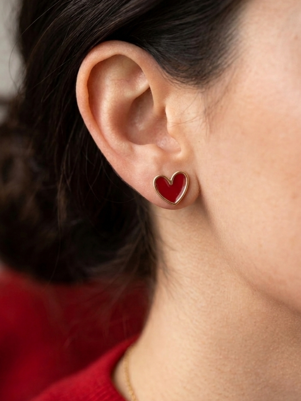 Gold-Trim Red Heart Stud Earrings - Women Jewelry